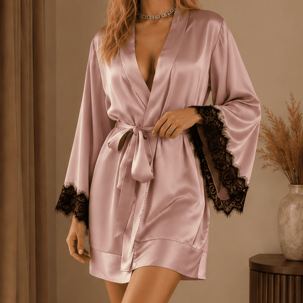 Short Satin Robe with Contrast Lace Bell Cuffs and Tie Waist - Comet Lore