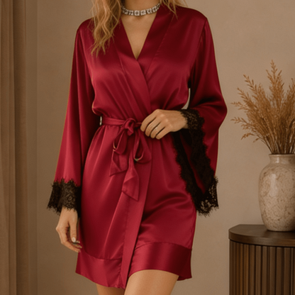 Short Satin Robe with Contrast Lace Bell Cuffs and Tie Waist