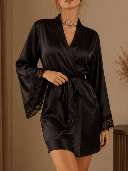 Short Satin Robe with Contrast Lace Bell Cuffs and Tie Waist - Comet Lore