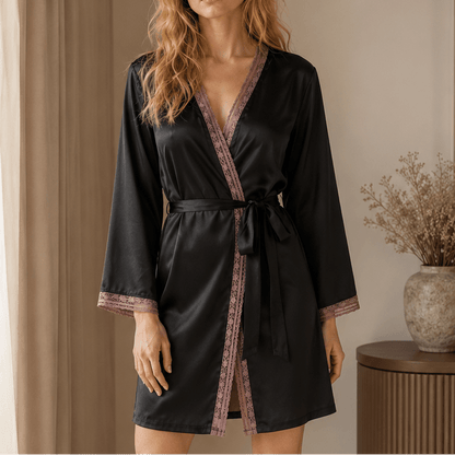 Short Satin Robe with Contrast Lace Border and Tie Waist - Comet Lore