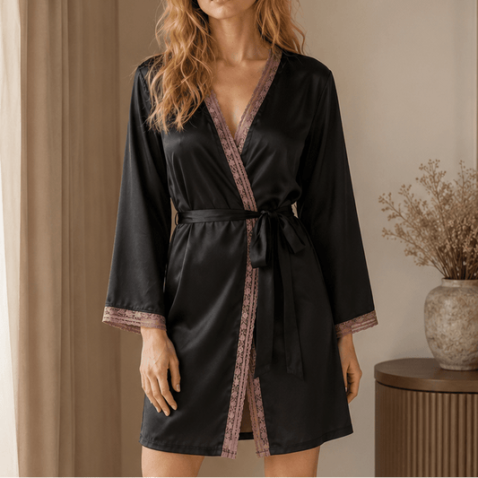 Short Satin Robe with Contrast Lace Border and Tie Waist - Comet Lore