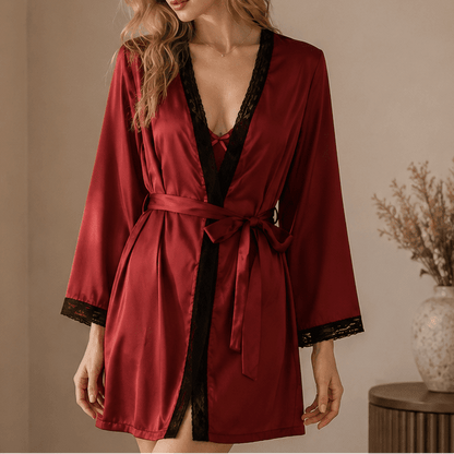 Short Satin Robe with Contrast Lace Border and Tie Waist - Comet Lore
