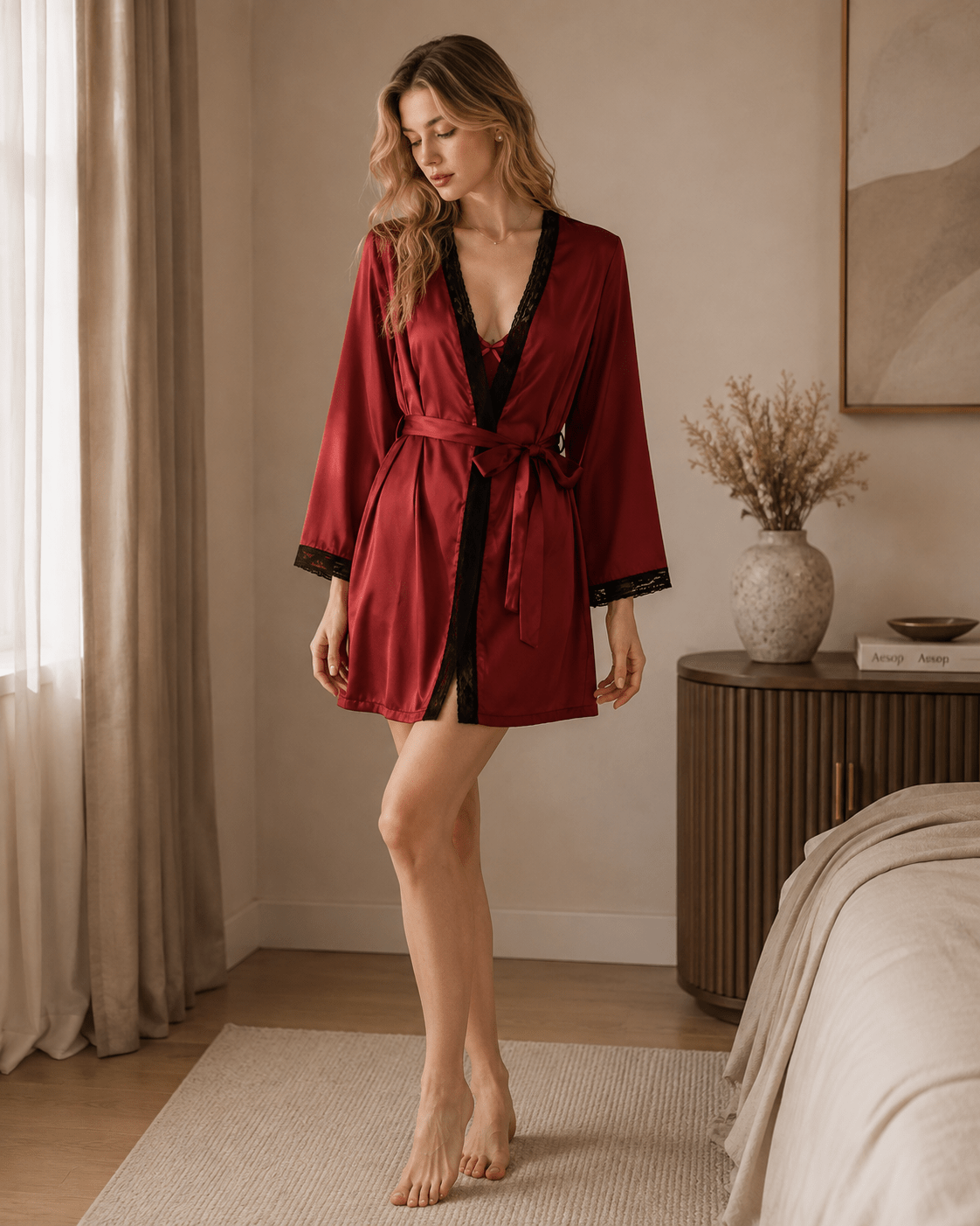 Short Satin Robe with Contrast Lace Border and Tie Waist