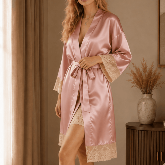 Short Satin Robe with Contrast Lace Cuffs and Hem - Comet Lore