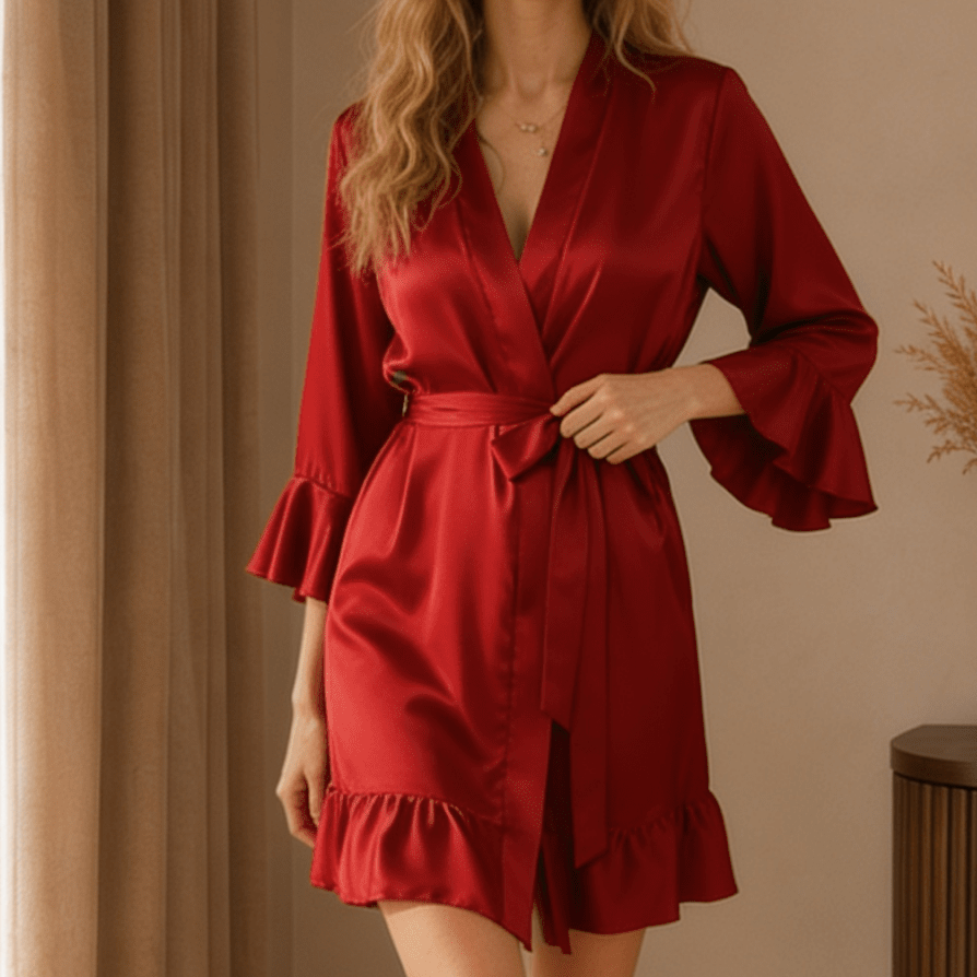 Short Satin Robe with Ruffle Cuffs and Flounced Hem