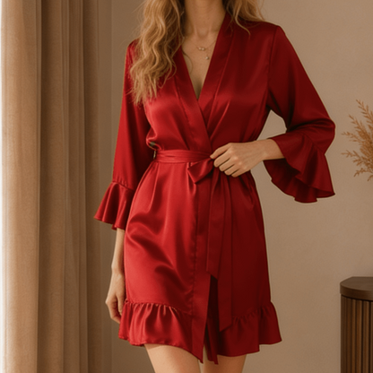 Short Satin Robe with Ruffle Cuffs and Flounced Hem