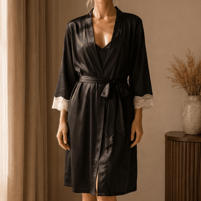 Short Satin Robe with Scalloped Lace Cuffs and Tie Waist - Comet Lore
