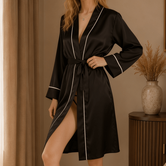 Short Satin Wrap Robe with Contrast Piping and Tie Waist
