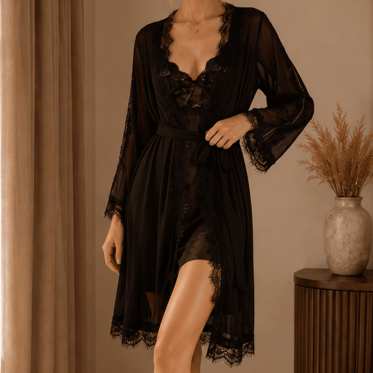 Short Sheer Lace Robe with Scalloped Hem and Flared Sleeves - Comet Lore