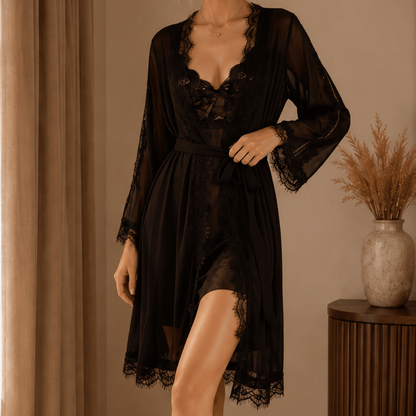 Short Sheer Lace Robe with Scalloped Hem and Flared Sleeves - Comet Lore
