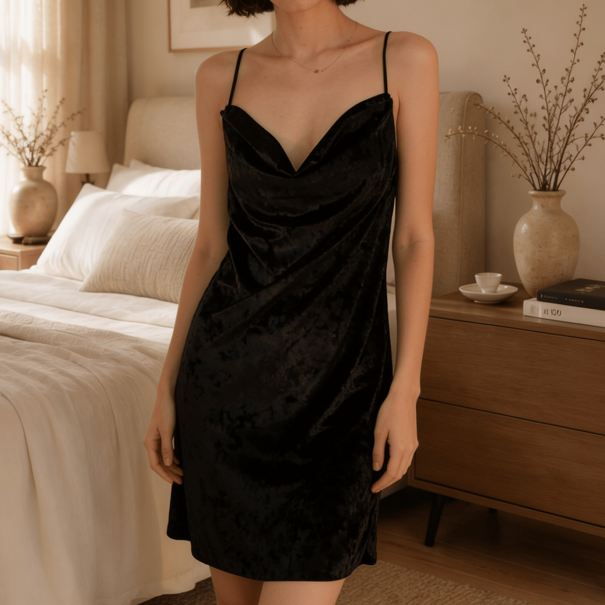 Short Velvet Nightie with Cowl Neck and Cross Back Straps