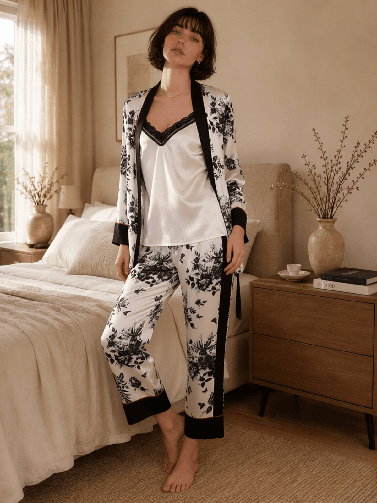 Three-Piece Black Floral Print Pyjama Set with Camisole and Long Trousers
