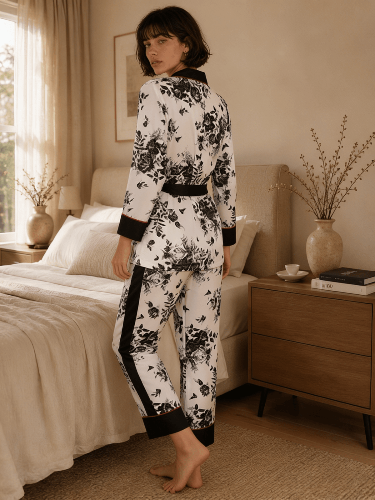 Three-Piece Black Floral Print Pyjama Set with Camisole and Long Trousers