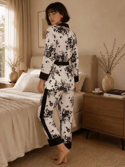 Three-Piece Black Floral Print Pyjama Set with Camisole and Long Trousers