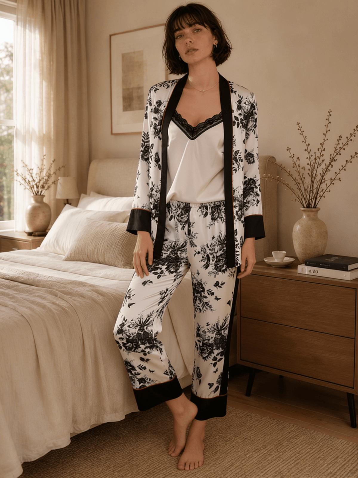 Three-Piece Black Floral Print Pyjama Set with Camisole and Long Trousers