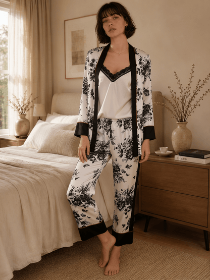Three-Piece Black Floral Print Pyjama Set with Camisole and Long Trousers