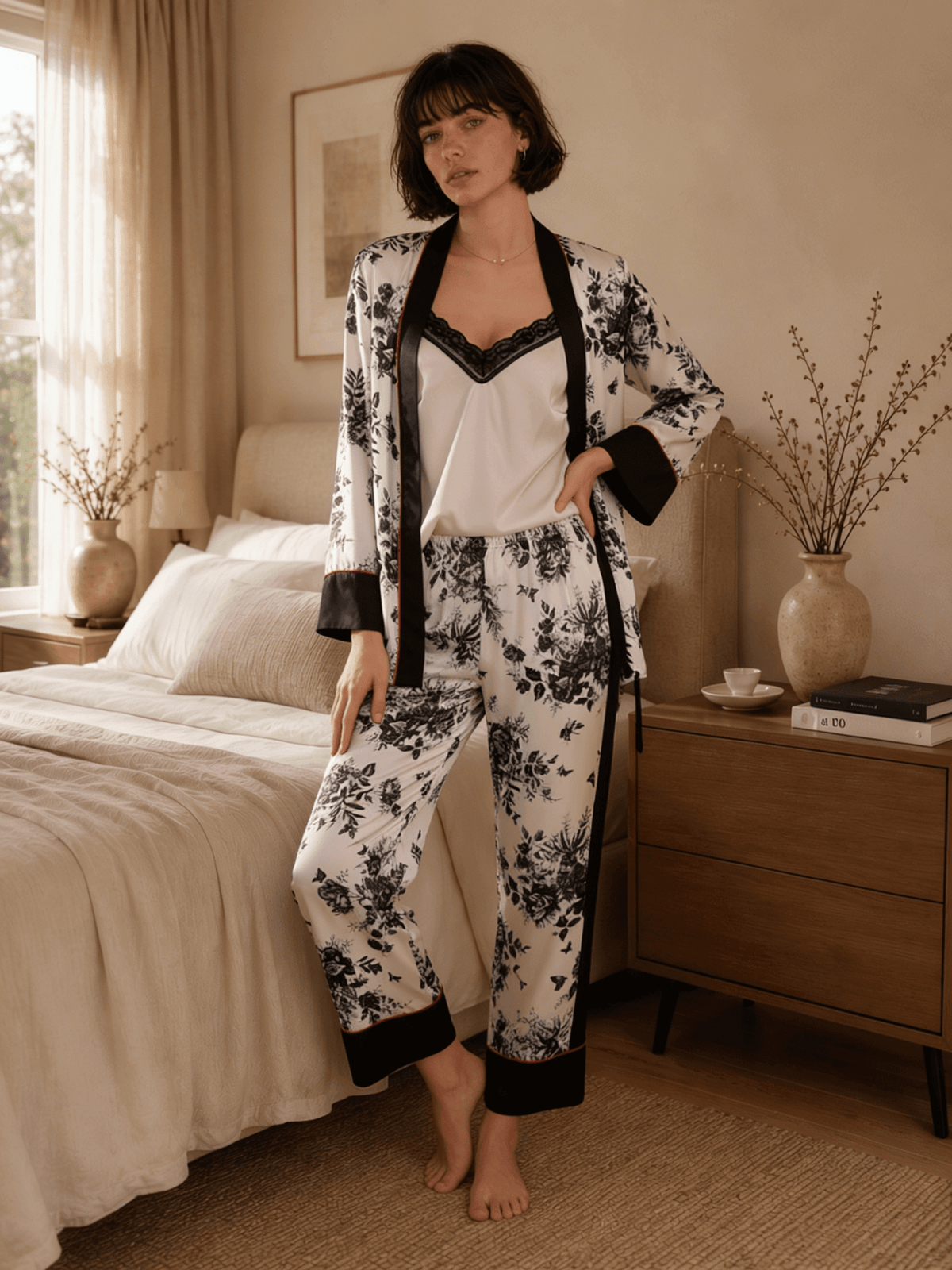 Three-Piece Black Floral Print Pyjama Set with Camisole and Long Trousers - Comet Lore