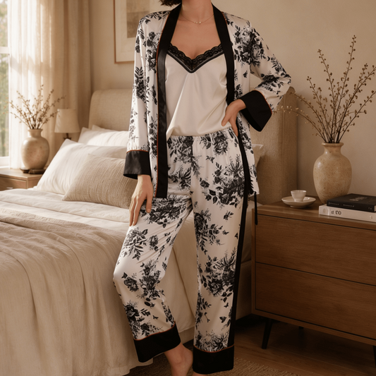 Three-Piece Black Floral Print Pyjama Set with Camisole and Long Trousers