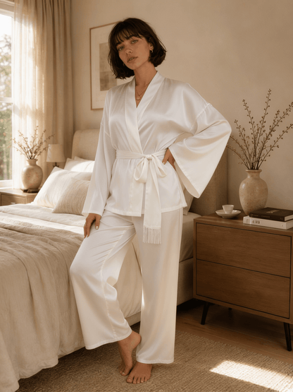 White Satin Wrap Pyjama Set with Wide Sleeves and Long Trousers