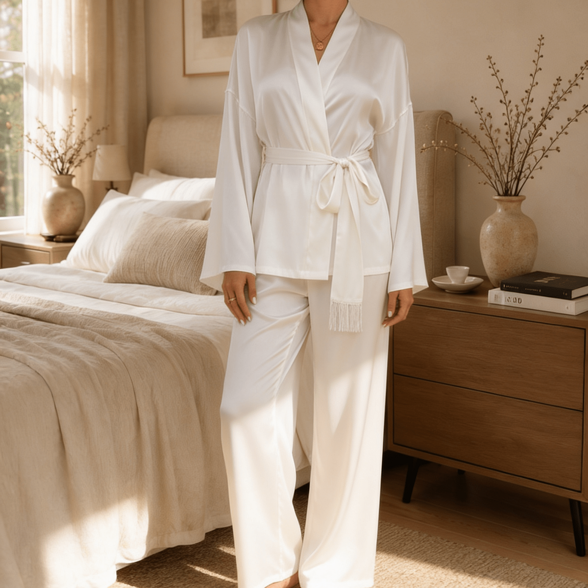 White Satin Wrap Pyjama Set with Wide Sleeves and Long Trousers