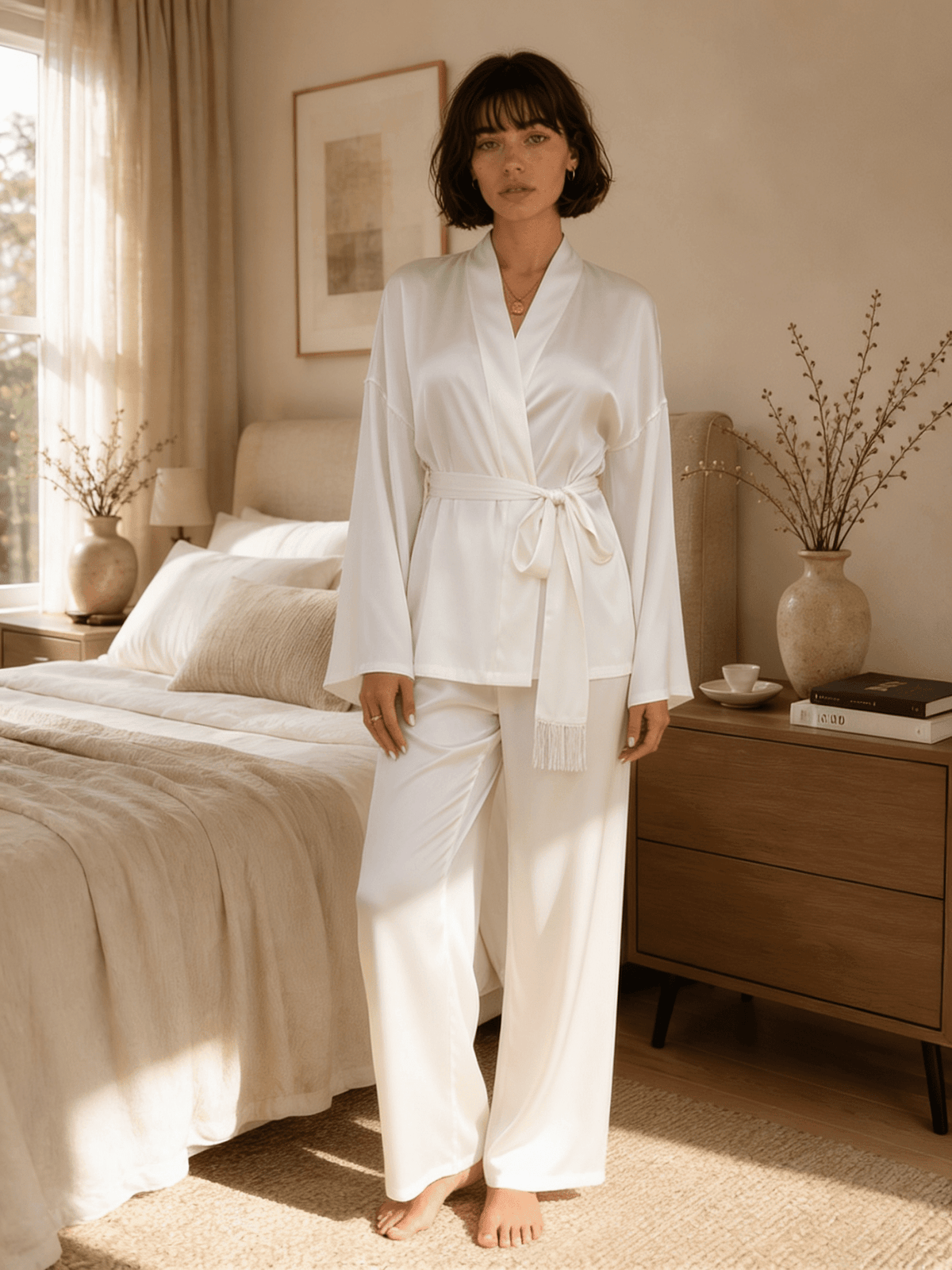 White Satin Wrap Pyjama Set with Wide Sleeves and Long Trousers - Comet Lore